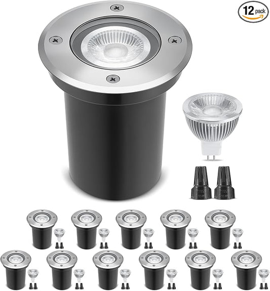 Gardencoin Low Voltage Landscape LED Well Lights, 12V in Ground Lights Outdoor IP67 Waterproof, 4.3 inch Wired Landscape Up Lighting, Included Replaceable 5W 2700K MR16 Bulb Dimmable, 12 Pack Gardencoin