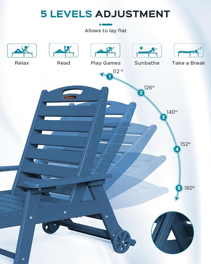 Ciokea Lounge Chair Outdoor, Oversized Chaise Lounge Chair with 5 Positions, HDPE, Patio Lounge Chair with Wheels & Cup Holder for Pool, Deck, Poolside, Azure Blue CIOKEA