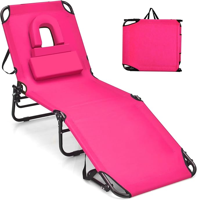 GYMAX Tanning Chair, 350lbs Beach Lounge Chair with Face Hole, Washable Pillow & Carry Strap, Adjustable Folding Chaise Lounge, Layout Chair for Outside, Patio, Poolside, Lawn (1, Pink) GYMAX