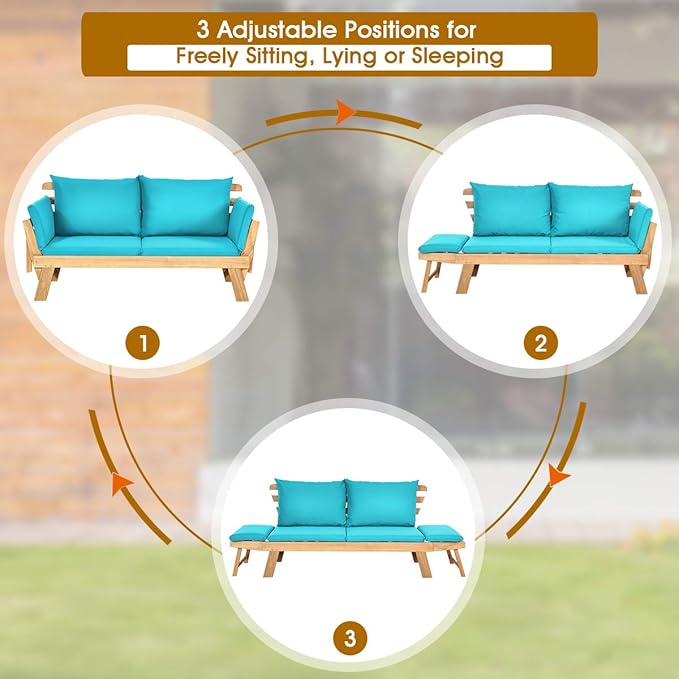 Tangkula Convertible Acacia Wood Patio Couch Sofa Bed with Adjustable Armrest, Outdoor Daybed with Cushion & Pillows, Outside Folding Futon Sofa Couch Bench for Porch, Courtyard, Poolside & Garden TANGKULA