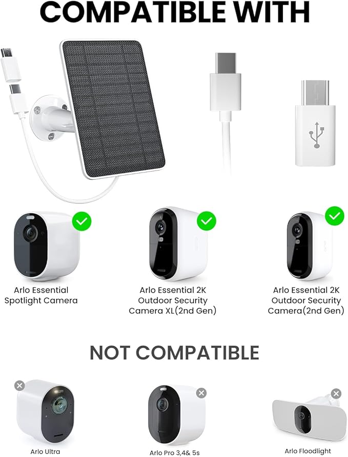 5W Solar Panel Charger Compatible with Arlo Essential 2K Outdoor Camera(2nd Gen)/Essential Outdoor XL(2nd Gen)/Essential Spotlight, IP65 Waterproof 10ft USB-C & Micro USB Cable & Wall Mount, 2 Pack FOHOA