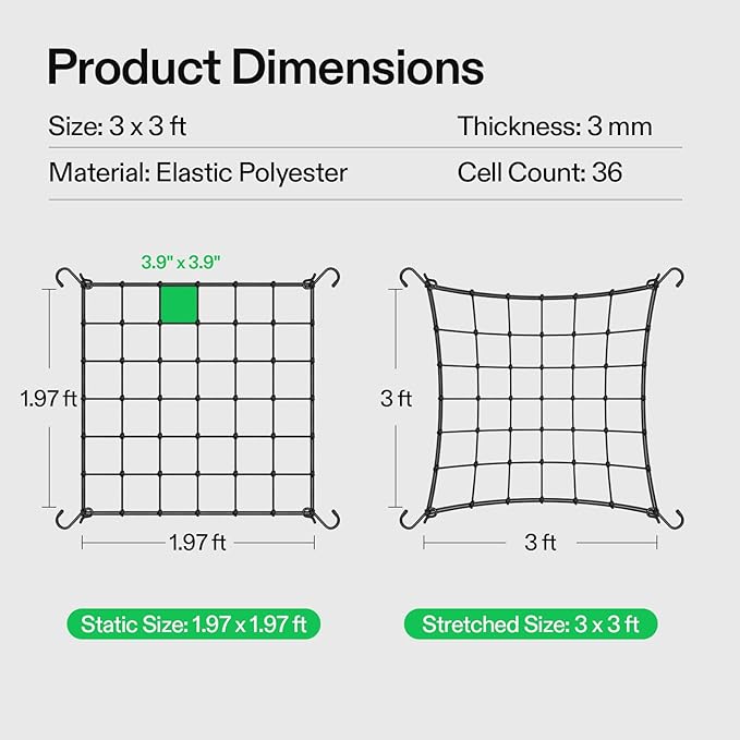 VIVOSUN 3 x 3Ft. Elastic Trellis Netting with 4 Hooks for Climbing Plants, Vegetables, Fruits, and Flowers, 1-Pack VIVOSUN