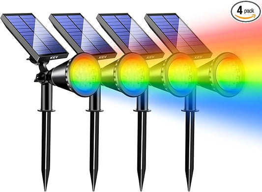 KEV Solar Spot Lights Outdoor,18 LEDs Solar Flood Lights with 8 Modes &Colored Adjustable &IPX65 Waterproof,Christmas Solar Spotlight for Driveway/Backyard/Landscape/Tree/Garage(Multicolor,4 Pack) KEV