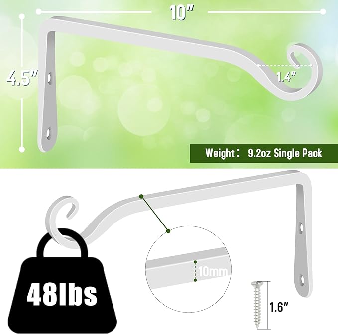 FEED GARDEN Hanging Plant Bracket 10 Inch 2 Pack, Hand-Forged Plant Hanger for Hanging Bird Feeders, Wind Chimes, Flower Baskets, Lanterns, Indoor/Outdoor Use, White FEEDGARDEN