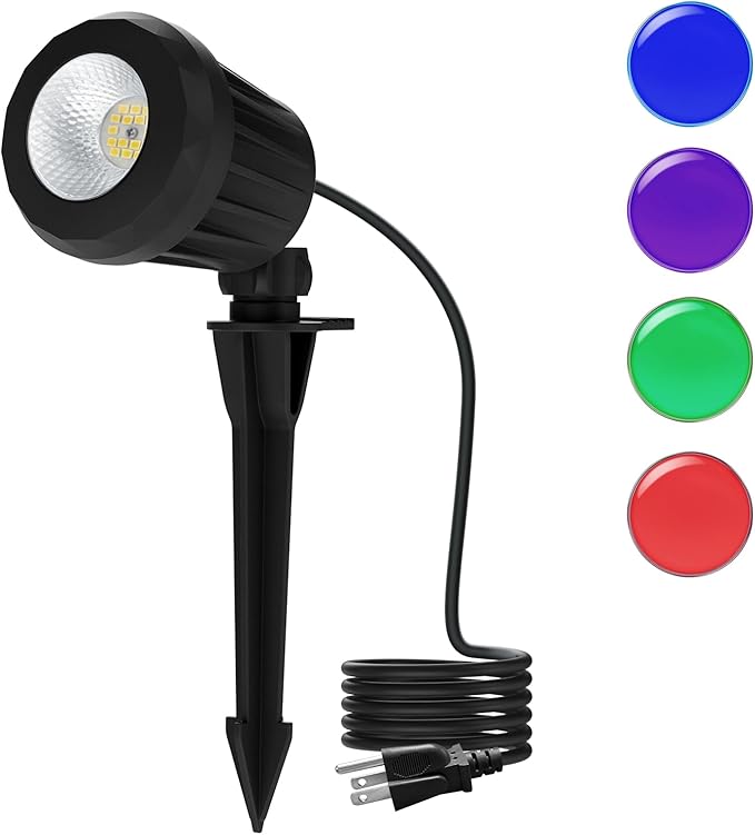 Spotlight Outdoor – 120V Plug-In, 6500K Cool White LED Landscape Lighting with RGB Purple 4 Color Lenses for Yard, Garden, Lawn & Tree Decor on Holidays&Everyday, IP67 Waterproof (1 Pack,Black) Holeva