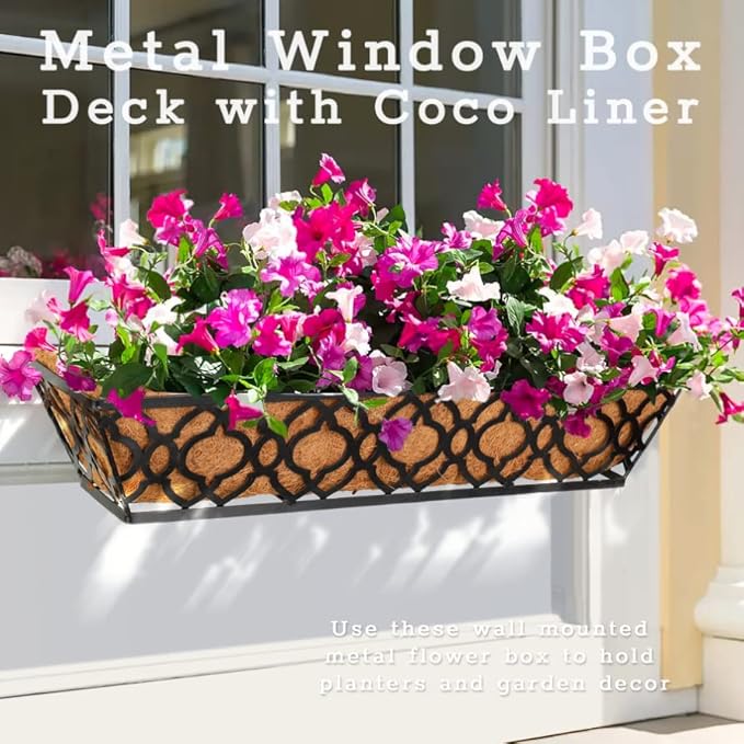 4pcs 24 Inch Window Deck with Coco Liner, 24" Window Boxes Horse Trough with Coconut Coir Liner, Metal Hanging Flower Planter Window Basket Deck Railing Planter Boxes for Outdoor Indoor Lawn LAWYAMAI