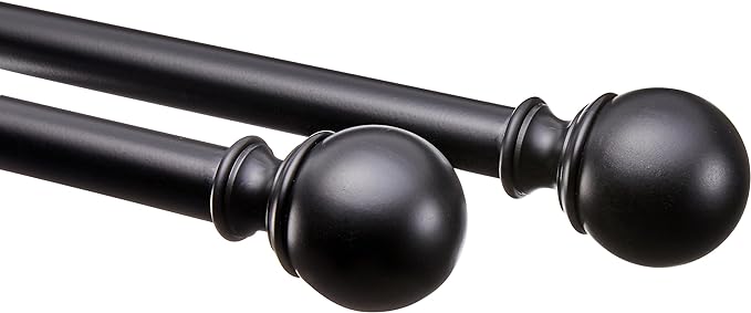 Amazon Basics Adjustable Curtain Rod for Windows, Round Finials, Easy Installation, Sturdy, 1-Inch Rod, 36" to 72", Black, 2-Pack AmazonBasics