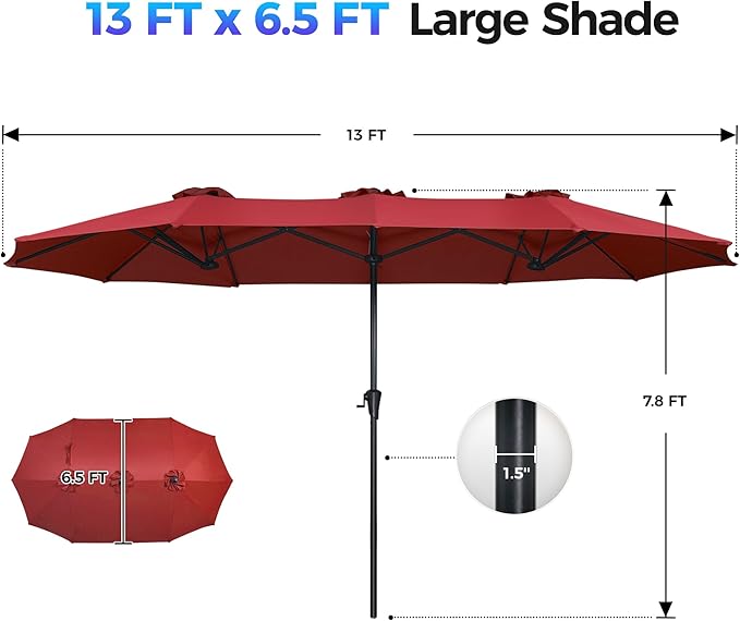 SUPERJARE 13FT Outdoor Umbrella for Patio, Double sided Pool Umbrellas with Fade Resistant Canopy, Large Table Umbrella for Deck, Market, Backyard - Burgundy SUPERJARE