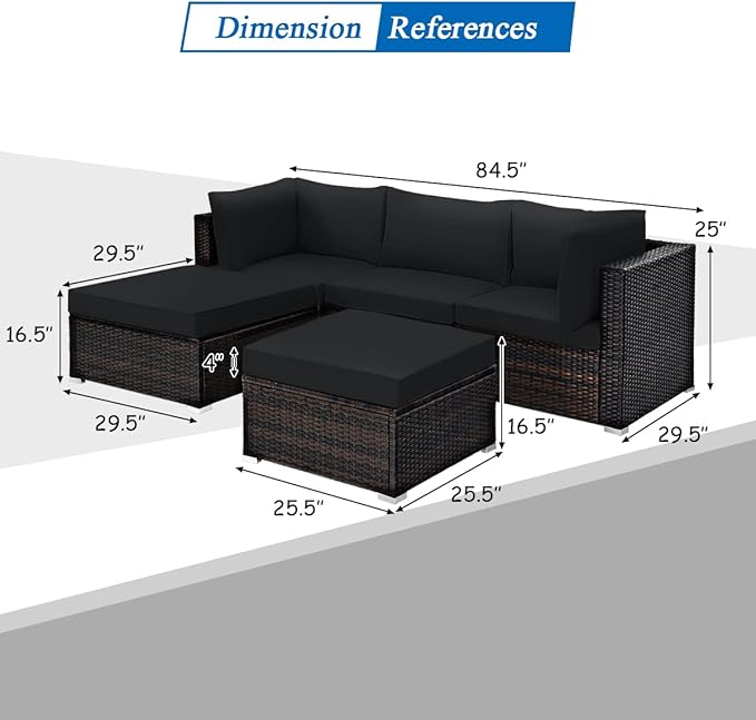 Tangkula 5 Piece Patio Rattan Furniture Set, Outdoor Sectional Rattan Sofa Set with Back & Seat Cushions, Wicker Conversation Set with Tempered Glass Table for Backyard Porch Poolside (Black) TANGKULA