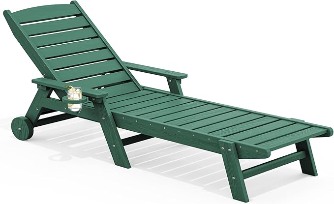 SERWALL Patio Chaise Lounge Chair, 78'' Long HDPE 5 Positions Adjustable Outdoor Lounger, Poly Lounge Chair with Rolling Wheels & Cup Holder for Pool, Dark Green SERWALL