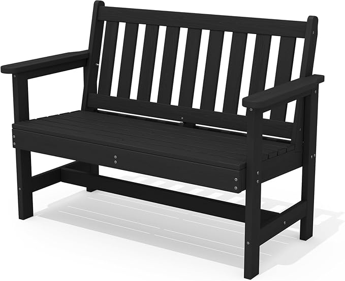 SERWALL Outdoor Bench, HDPE Outdoor Benches Weatherproof, 2-Person Garden Bench with 660 lbs Weight Capacity, Patio Benches for Outdoors, Garden, Porch, Backyard and Park, Black SERWALL