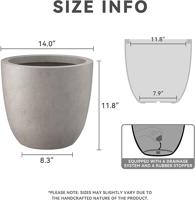 Kante 14 Inch Dia Round Concrete Planter, Indoor Outdoor Large Plant Pot with Drainage Hole and Rubber Plug for Home Patio Garden, Weathered Concrete Kante