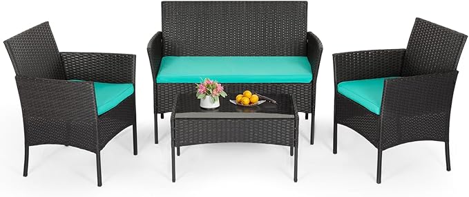 FDW | 4-Piece Patio Furniture Set | Blue | Outdoor Wicker Furniture with Coffee Table | Modern Rattan Chairs Conversation Set | Outdoor Seating | Weather-Resistant | for Porch, Garden, Lawn FDW