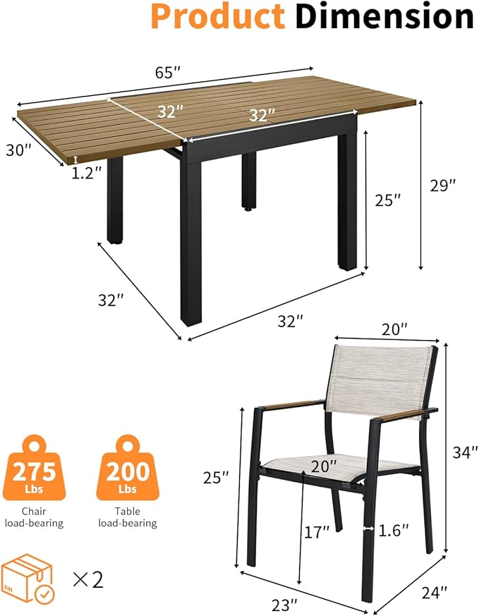 5 Pieces Expandable Patio Dining Set, Never-Rust Aluminum Outdoor Dining Table Set, 32"-65" Extendable Dining Table and Stackable Textilene Dining Chairs for Garden, Deck, Indoor, Teak SeeHill
