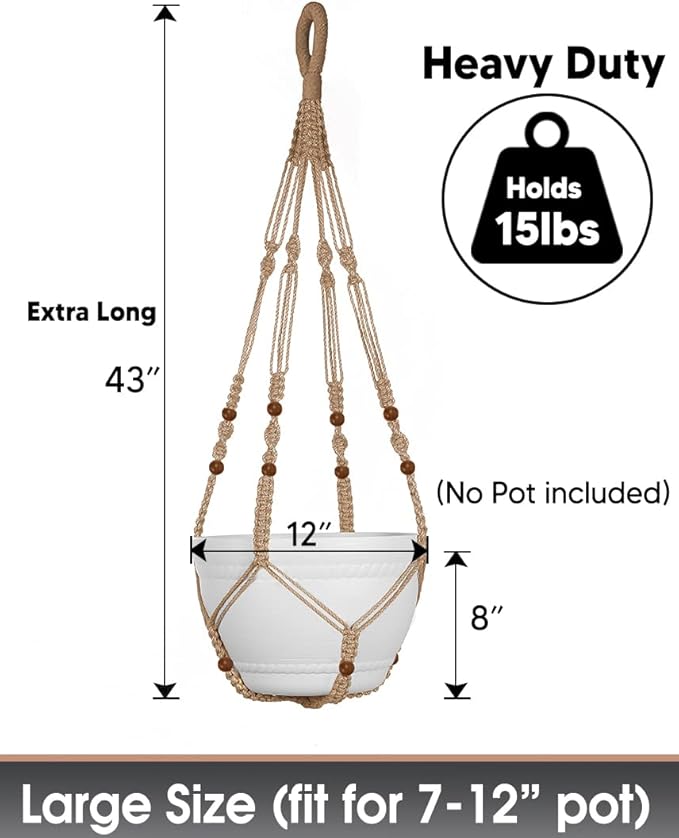 2PK 43 Inches Macrame Planter Hanger Large for 12 inch Pot + Swag Hook (Extra Long & Big) | Large Hanging Planter for Indoor Plants | No Tassel, Cotton Rope, NO Pot/Plant Included (Jute)(XL) Shineloha