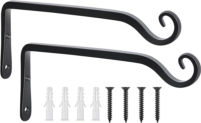 FEED GARDEN Wall Hook Hanging Plant Bracket 10 Inch 2 Pack, Hand-Forged Plant Hanger for Hanging Bird Feeders, Wind Chimes, Flower Baskets, Yoga Mat, Indoor/Outdoor Use, Black FEEDGARDEN