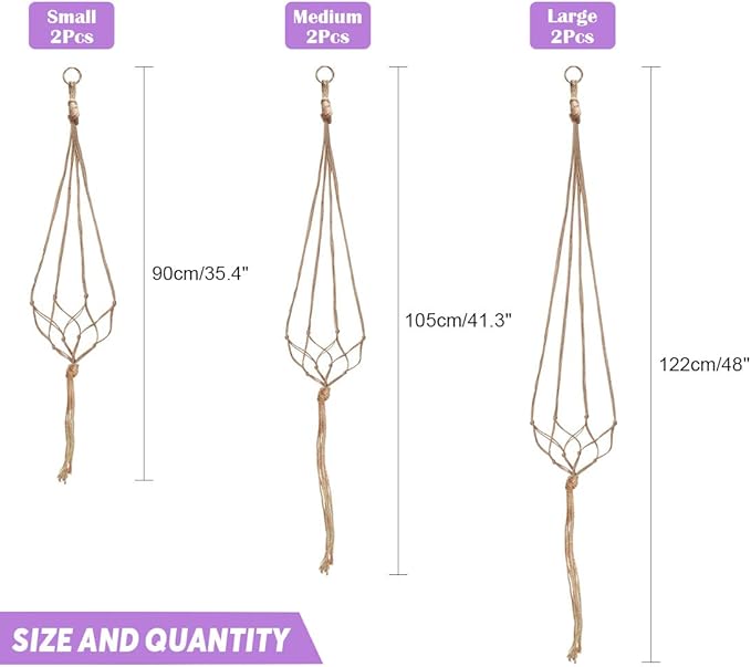 Swpeet 6 Pack 3 Sizes Macrame Hanging Planter Holder Plant Hanger with 6 Pack 2.9 Inch Ceiling Cup Hooks Kit, Hanging Planter Basket Rope Holder for Indoor Outdoor Decorations Beautiful Hanging Swpeet