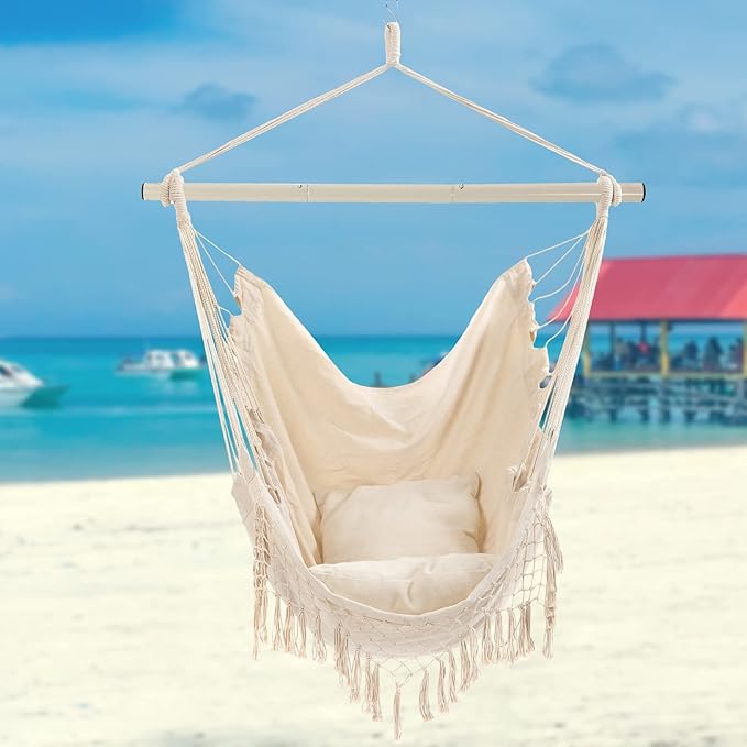 Hammock Chair, Hanging Rope Swing Seat with 2 Cushions,Macrame Hanging Chair Side Pocket with High Load-Bearing Metal Rod,for Indoor, Outdoor, Extra Comfortable YAERSI