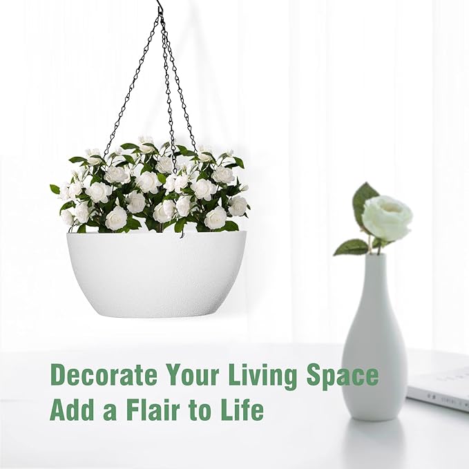 10 inch Hanging Planters for Outdoor Indoor Plants with Drainage Holes and Chain, 2 Pack Round Hanging Flower Plant Pots for Garden Home Porch Decor, White WSMKSZ