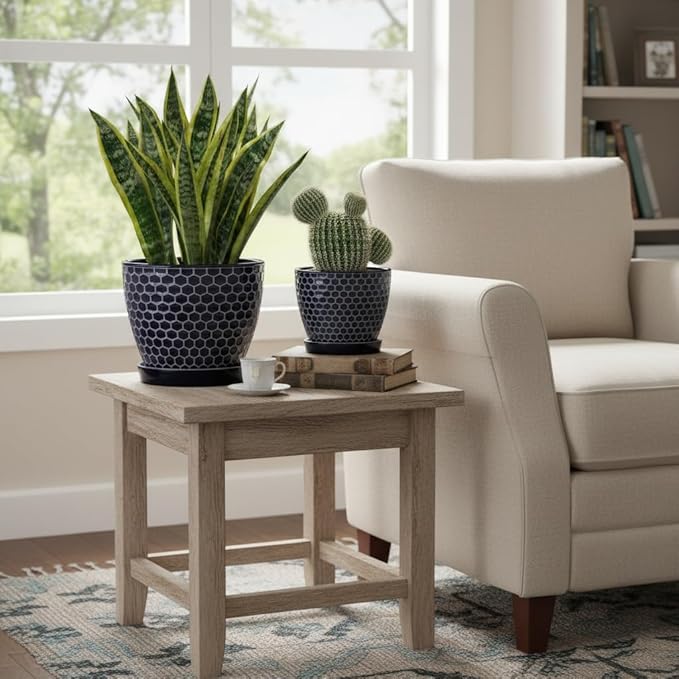 Docrin Blue Honeycomb Ceramic Plant Pot Set - 6.6"+5.5" Inch, Modern Decorative Planters with Drainage Holes & Saucers for Indoor/Outdoor Home Office DOCRIN