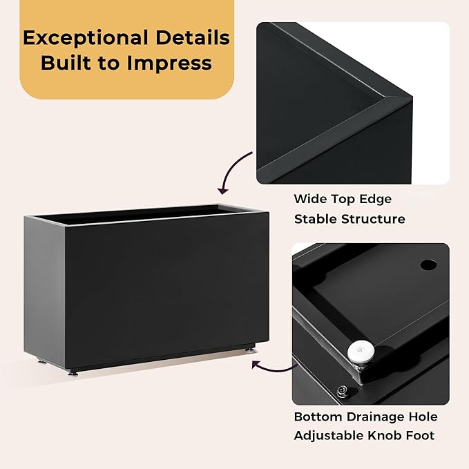 Outdoor Metal Planter Box 26Wx10Dx16H, Large Rectangular Trough Planters, Easy 5-Min Assembly, Modern Plant Container with Drainage Holes, Heavy Duty, Weather Resistant, Black Foresland-MetalPlanter
