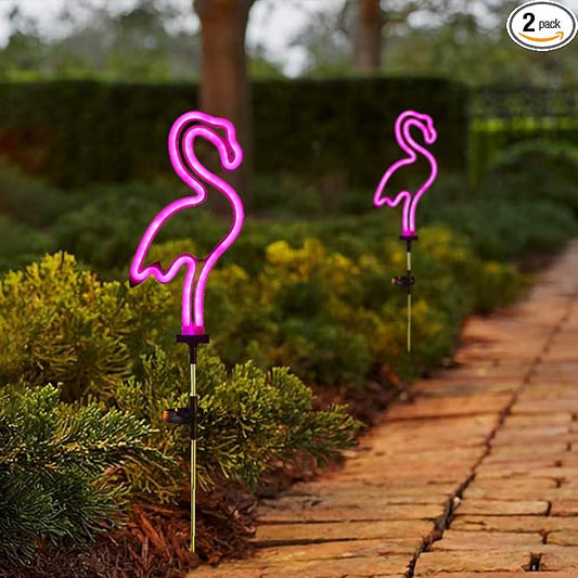 Flamingo Solar Garden Stake Lights, [Set of 2] Outdoor Solar Pathway Light for Lawn Patio Yard Walkway, Neon Pink Lighting (29.5" Height) Vinsption