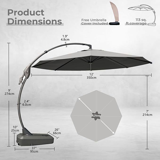 Grand patio 12FT Outdoor Offset Umbrella Large Round Aluminum Cantilever Umbrella with Base for Garden Deck Poolside (Gray, 12 FT) GrandPatio