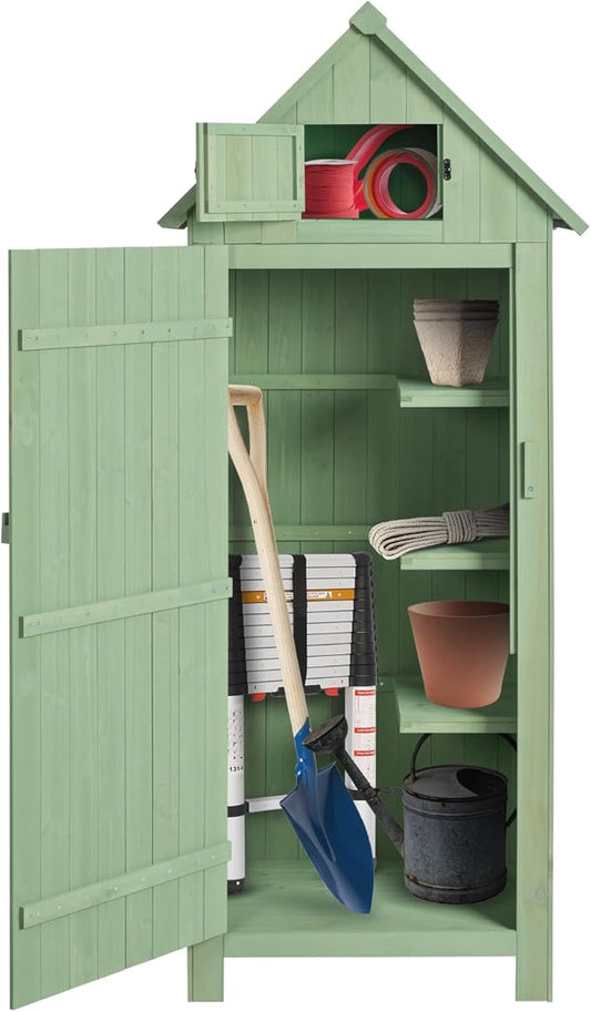 Outvita Outdoor Storage Cabinet, 70in Wooden Vertical Garden Tools Shed, Patio Storage Organizer with Latch & Waterproof Roof for Yard Deck Lawn Farmland Equipment(Green) Outvita