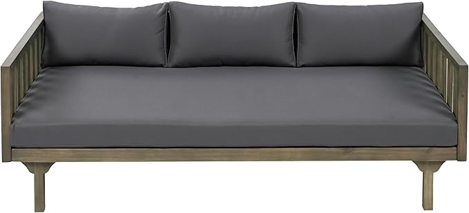 Christopher Knight Home Claremont Outdoor 3 Seater Acacia Wood Daybed with Fabric Water Resistant and Removable Cushions, Patio Garden Sofa with Slat Paneling Armrest and Back, Grey and Dark Grey ChristopherKnightHome