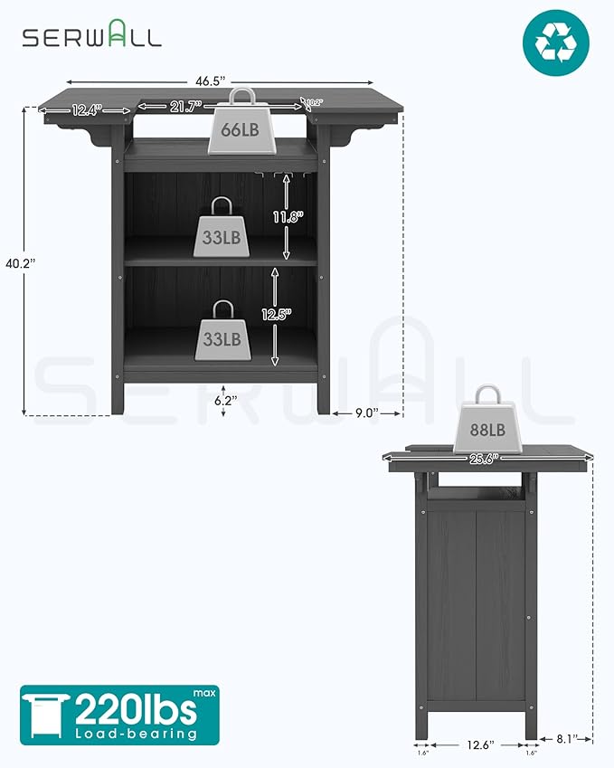 SERWALL Outdoor Bar Table,Patio Bar Cabinet with 4-Tier Storage and Spacious Tabletop for Outside,Poolside, Backyard,Made of HDPE,Gray SERWALL