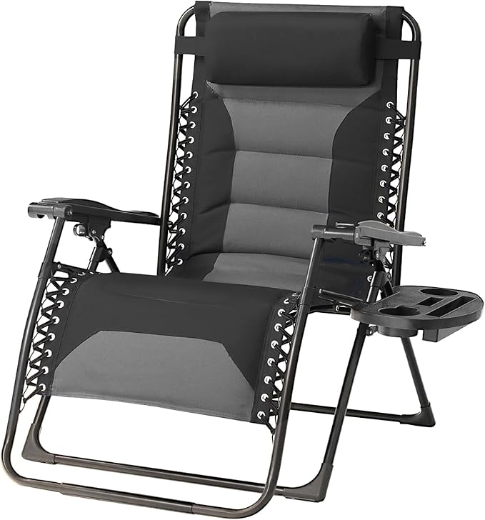 Zero Gravity Chair Oversized Padded Recliner with Adjustable Headrest & Cup Holder - XL 600D Oxford Folding Lounge Chair for Outdoor Camping, Patio, Poolside (Black & Gray) Rootora
