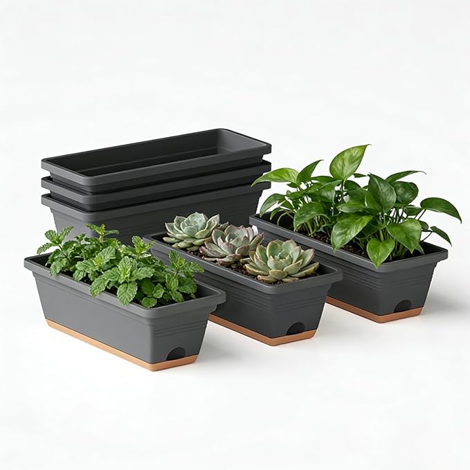 Window Box Planter, 6 Pack Plastic Vegetable Flower Window Planters Boxes 16 Inches Rectangular Flower Pots with Drainage Holes and Saucers (Grey) LesOasis