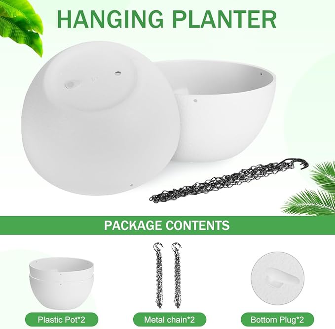 10 inch Hanging Planters for Indoor Plants, 2 Pack Planters for Outdoor Plants with Drainage Holes and Chain, Round Plastic Hanging Baskets, Hanging Flower Pots for Balcony Garden Decor-White HIGSEEU