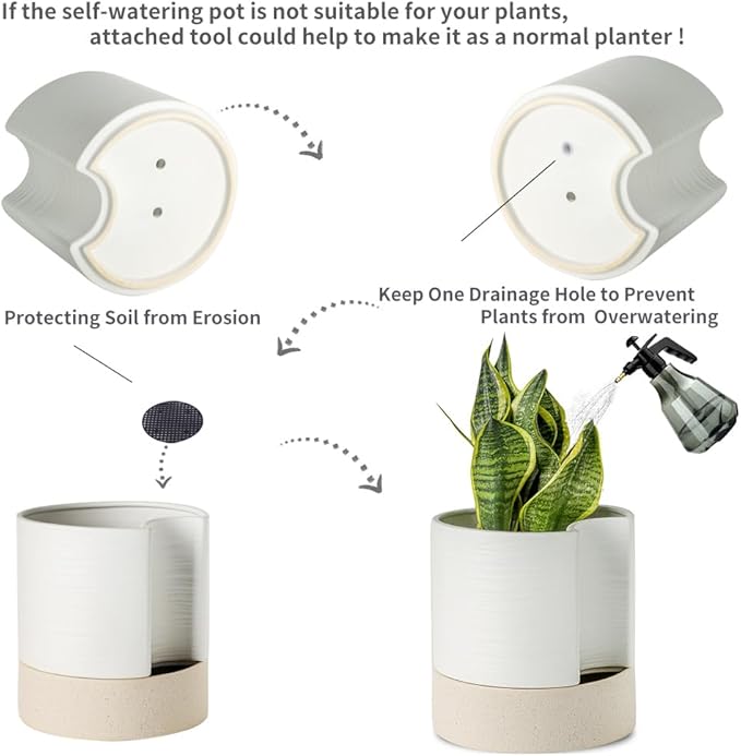 Nihow Self Watering Plant Pot: 8 Inch Ceramic Planter with Drainage Hole & Water Storage Plus for Indoor & Outdoor Plants - Cylinder Round Flower Pot for Succulent/Herbs/Violets - White & Brown Nihow