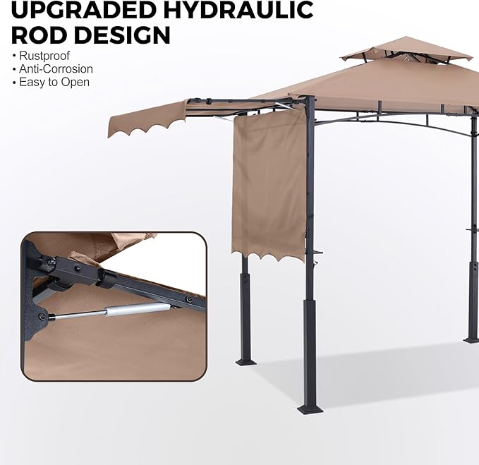 ABCCANOPY Grill Gazebo with 2 Side Awnings - 14x5 Outdoor BBQ Canopy Shelter with 2 Led Lights for Patio Backyard Grilling (Khaki) ABCCANOPY