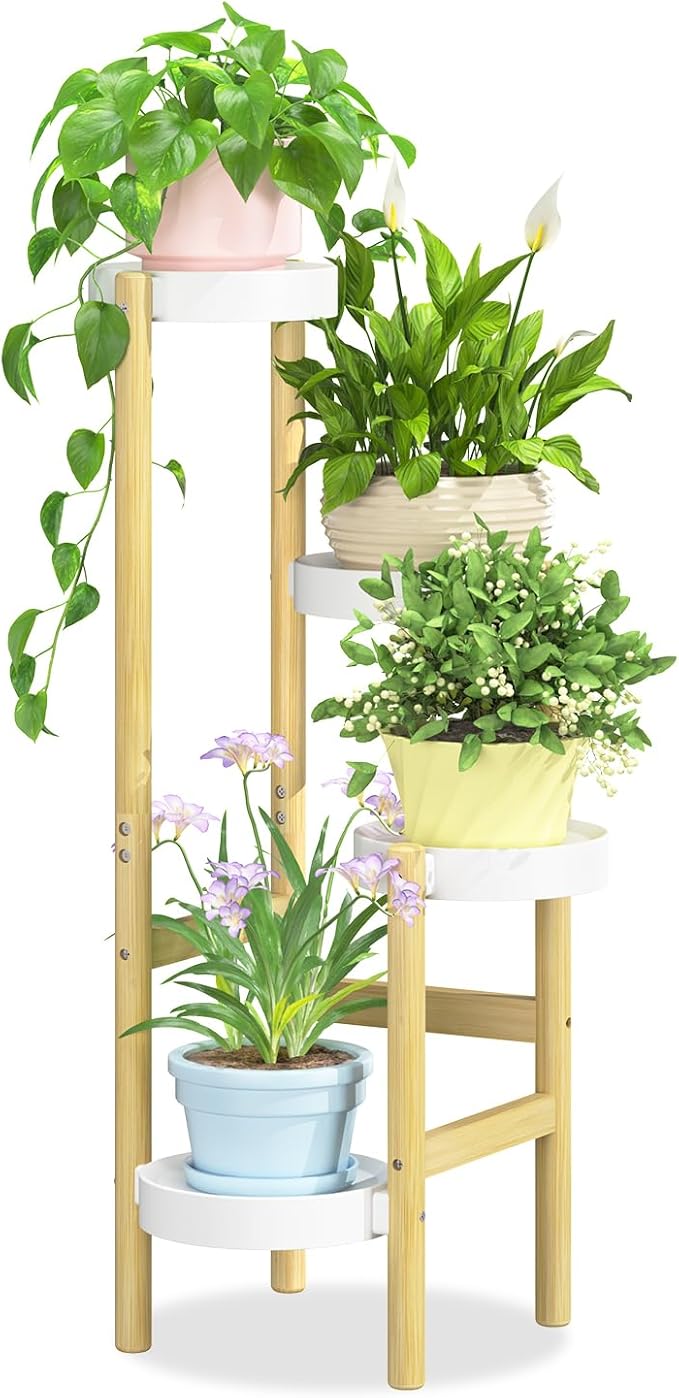 iDavosic.ly 4 Tier Bamboo Plant Stand Indoor Outdoor with Plastic Tray, Tiered Corner Flower Holder Shelf, Space Saving Orchid Display Rack for Patio Porch Living Room Garden Balcony, Natural White iDavosicly