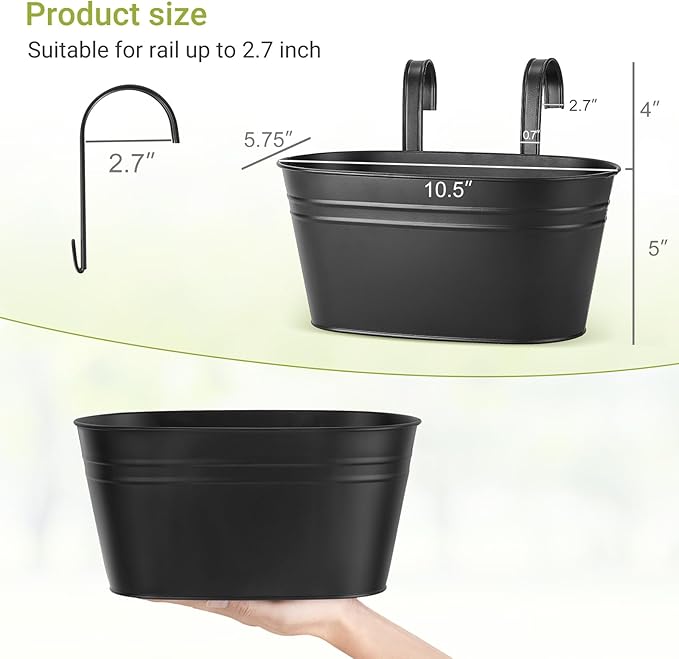 Dahey 10.5 Inch Metal Iron Hanging Flower Pots for Railing Fence Hanging Bucket Pots Countryside Style Outdoor Planter Window Flower Plant Holder with Detachable Hooks Home Decor, Black,4 Pcs Dahey