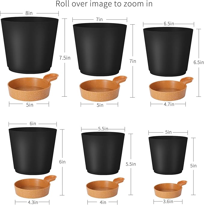 GARDIFE Plant Pots 8/7/6.5/6/5.5/5 Inch Self Watering Planters with Drainage Hole, Plastic Flower Pots, Nursery Planting Pot for All House Plants, African Violet, Flowers, and Cactus,Black GARDIFE