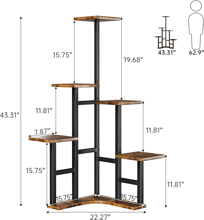 Corner Plant Stand Indoor with Grow Lights, 6 Tiered Corner Plant Shelf Flower Stand for Multiple Plants, Plant Shelves Organizer Rack for Living Room, Balcony, Patio, Square Rustic Brown Yzosvki