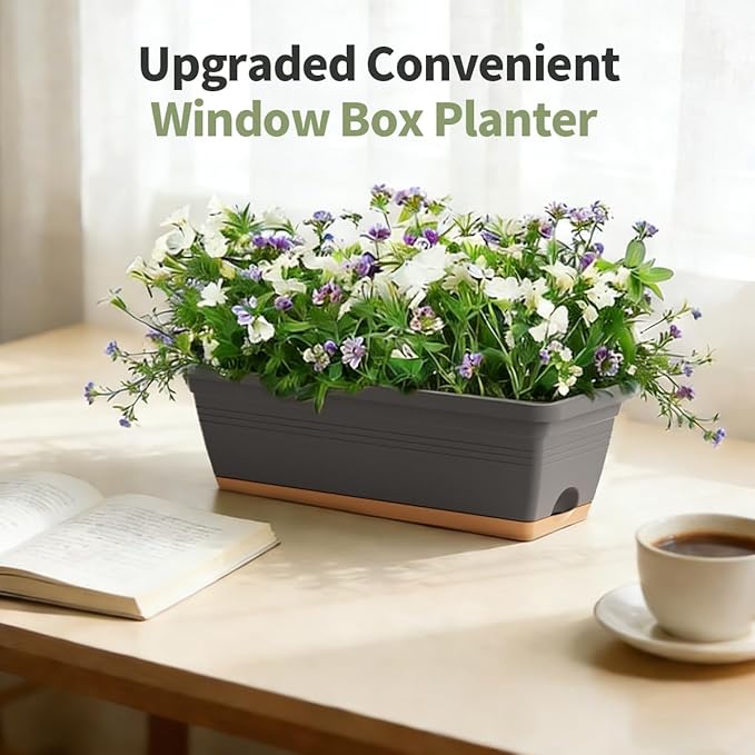 Window Box Planter, 6 Pack Plastic Vegetable Flower Window Planters Boxes 16 Inches Rectangular Flower Pots with Drainage Holes and Saucers (Grey) LesOasis