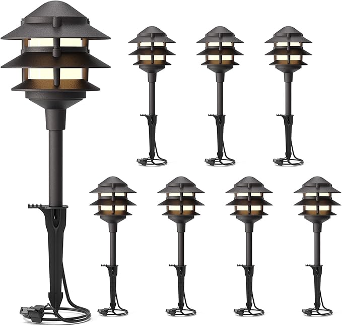 GOODSMANN Landscape Lighting 8PK Pathway Lights Low Voltage 2.2 Watt LED 12V AC Landscape Lights 30 Lumen Warm White with Cable Connectors Metal Stakes 9122-21102-08A GOODSMANN