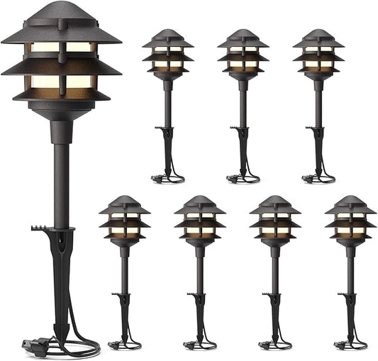 GOODSMANN Landscape Lighting 8PK Pathway Lights Low Voltage 2.2 Watt LED 12V AC Landscape Lights 30 Lumen Warm White with Cable Connectors Metal Stakes 9122-21102-08A GOODSMANN