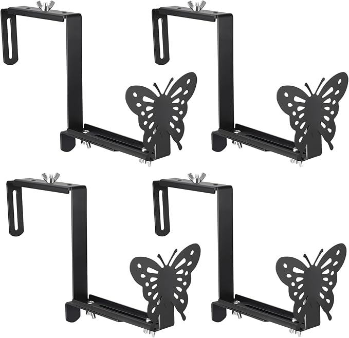 Planter Box Bracket, Adjustable Hang Window Box Holder with Butterfly, Hanging Flower Pot Stand Brackets for Outdoor Patio Garden Fence Pergola Balcony Supporting Heavy Planters-4Pack VIVIKEN