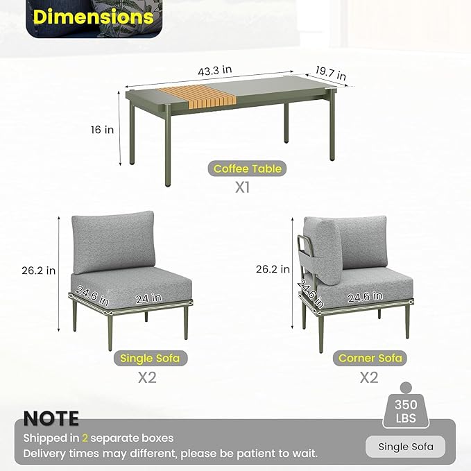 Sundale Outdoor 5 Pieces Patio Furniture Set, Metal Sectional Sofa Patio Conversation Set with Coffee Table, Modern Patio Corner Couch for Balcony, Porch, Sunroom SundaleOutdoor