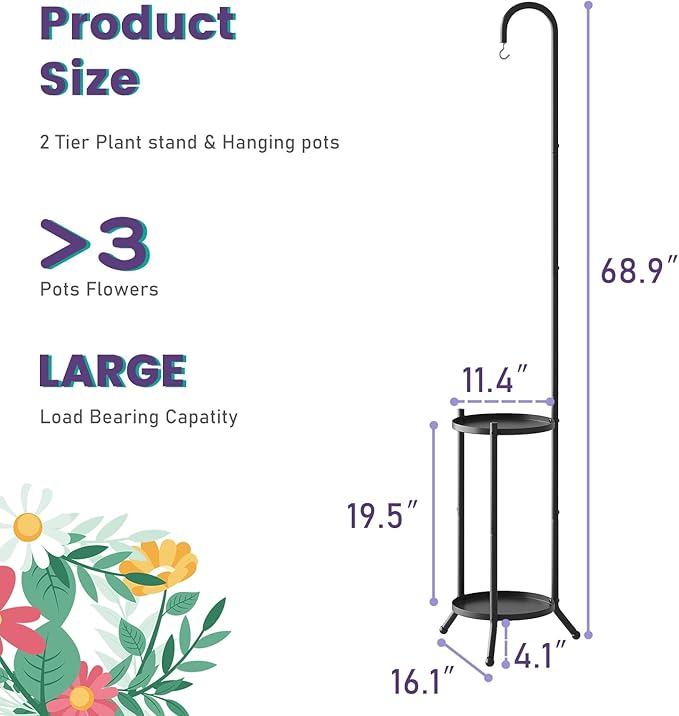 2-Tier Metal Plant Stand with Hanging Hook, Indoor Outdoor Plant Shelf,Heavy Duty Plant holder Rustproof Iron Multiple Plant Round Supports Rack for Planter Corner Garden Balcony Patio (Black) Rootora