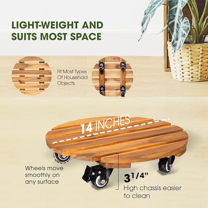 Idzo 2-Pack 14 Inch Acacia Wood Rolling Round Plant Caddy, Plant Caster for Heavy Duty Plant Stand with 360° Lockable Wheels, 264 lbs Capacity Caddy for Indoor and Outdoor Use, Natural Wood Idzo