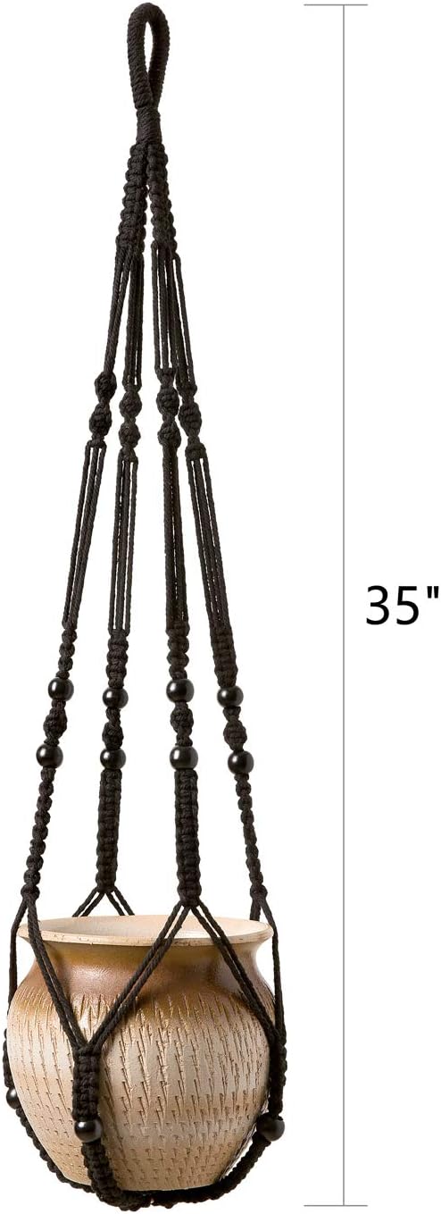 Mkono Macrame Plant Hanger Indoor Hanging Planter Basket with Wood Beads Decorative Flower Pot Holder No Tassels for Indoor Outdoor Boho Home Decor 35 Inch, Black, Set of 2 (POTS NOT Included) Mkono