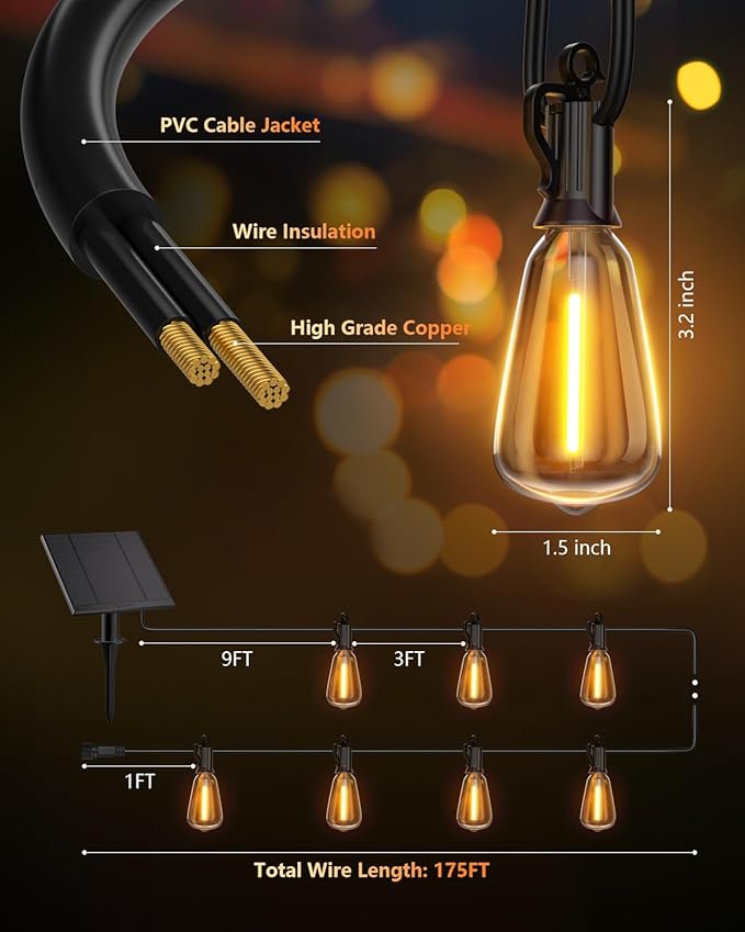 Brightown 175FT Solar String Lights Outdoor Waterproof with Remote, 56+2 LED Shatterproof Bulbs, Dimmable & Timable, 3 Light Modes - Commercial Grade Patio Lights for Garden Backyard Party Decor Brightown