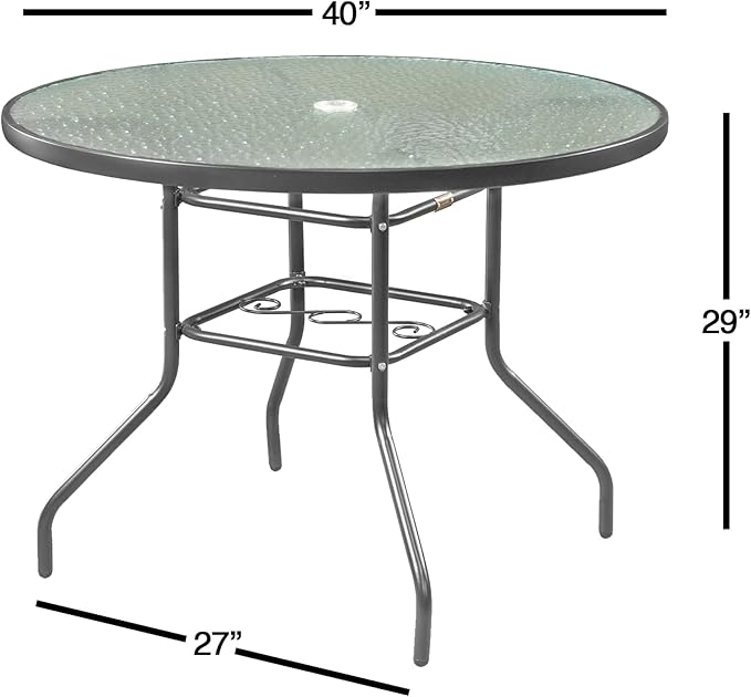 Garden Elements Outdoor Patio Furniture, Round Dining Table, Steel Base and Rim with Water-Wave Glass Top, Grey, 40" GardenElements