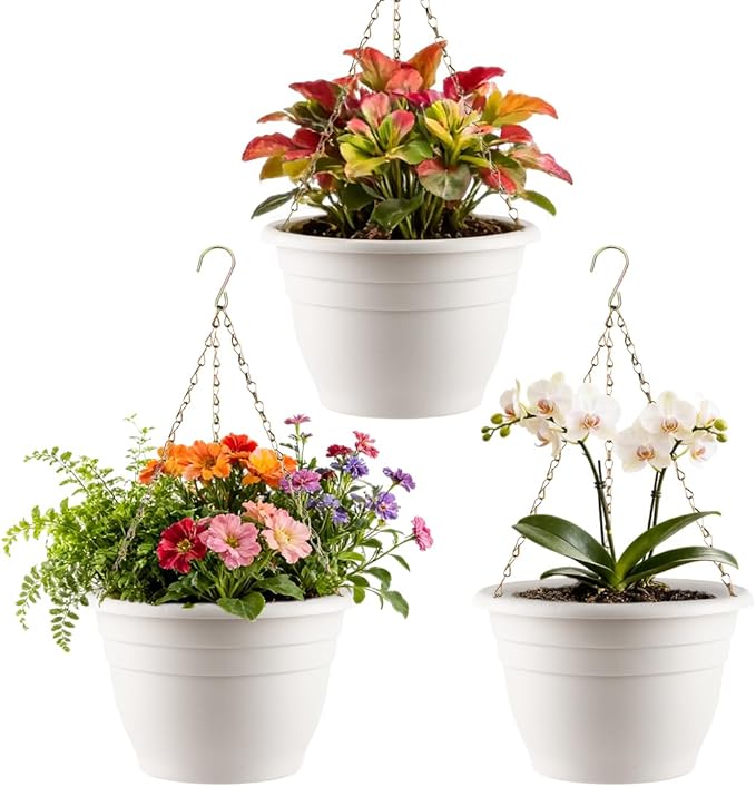 Hanging Planters 11 Inch, 3 Pcs Flower Pots with Drainage Hole, Self Watering Hanging Basket for Indoor Outdoor Plants, Decor, White RooTrimmer